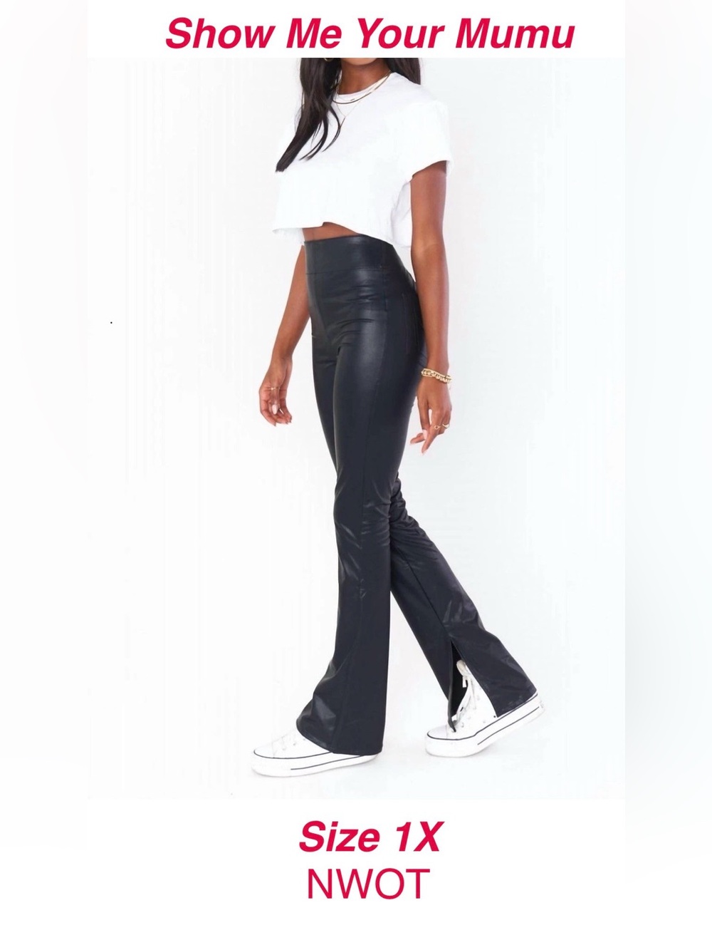 Show Me Your Mumu High-Rise Faux Leather Flare Pants — Black, Plus Size 1X NWOT